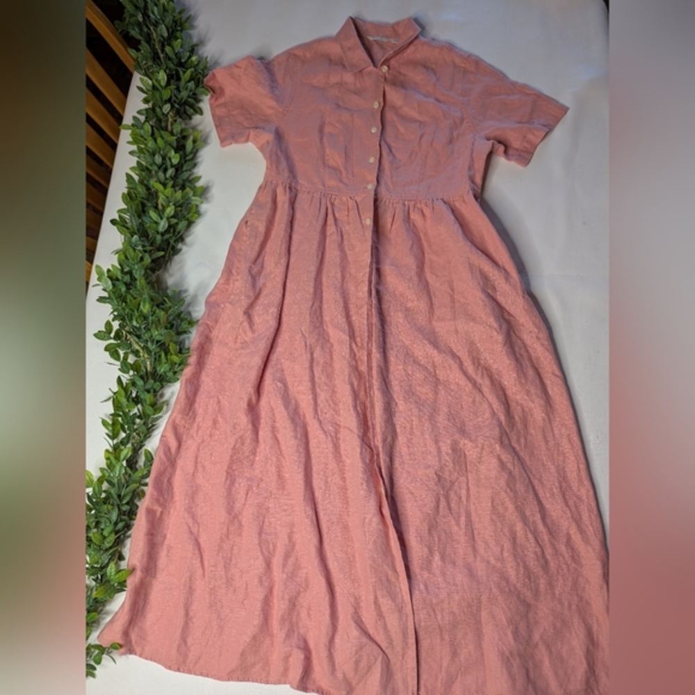 Vintage Eddie Bauer 100% Linen Prairie Dress Button Up Size Large Pink